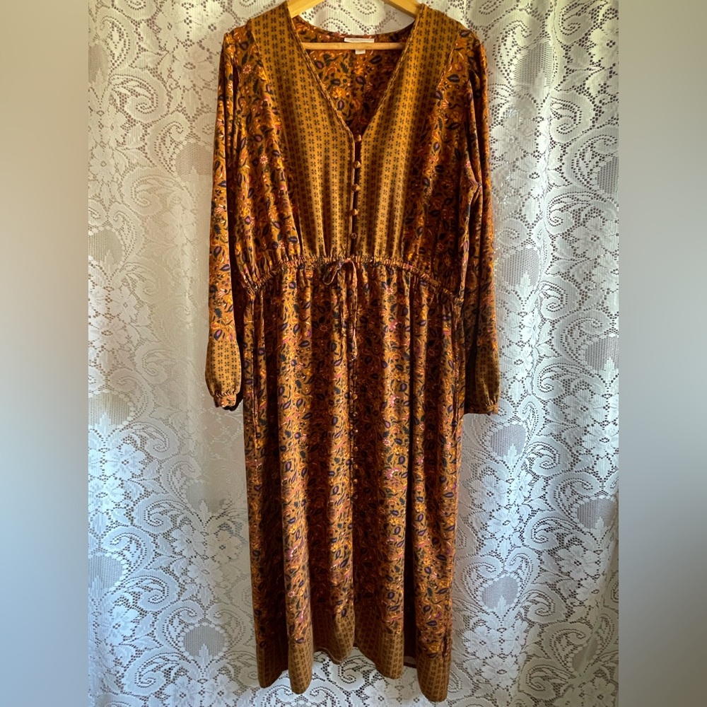 KNOX ROSE Women’s XL Terracotta Floral Paisley Long Sleeve Boho Peasant Dress
